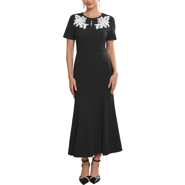 INSPIRE CHIC Vestido de cóctel para mujer con bordado floral, cuello redondo, cola de pez, vestido formal de noche, talla M, negro