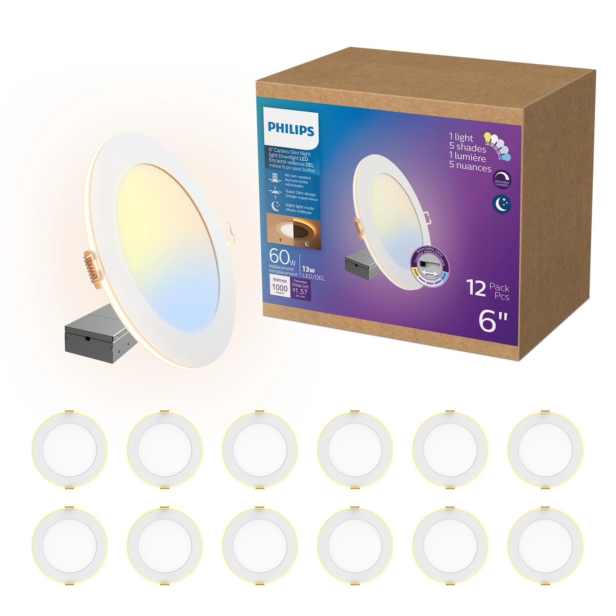 Luz Nocturna Led Philips Delgada De 6 Pulgadas, 13 W, 1000 Lm, Paquete De 12