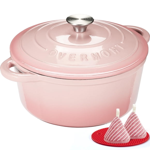 Libro de cocina Dutch Oven Overmont de hierro fundido esmaltado, 7 cuartos de galón con tapa, rosa