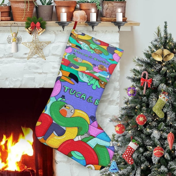 Tuca y Bertie Tema: Calcetines de Navidad, fino lino blanco para colgar en escaleras y chimenea, decoración navideña para el hogar, regalo de Navidad.54cm×38cm