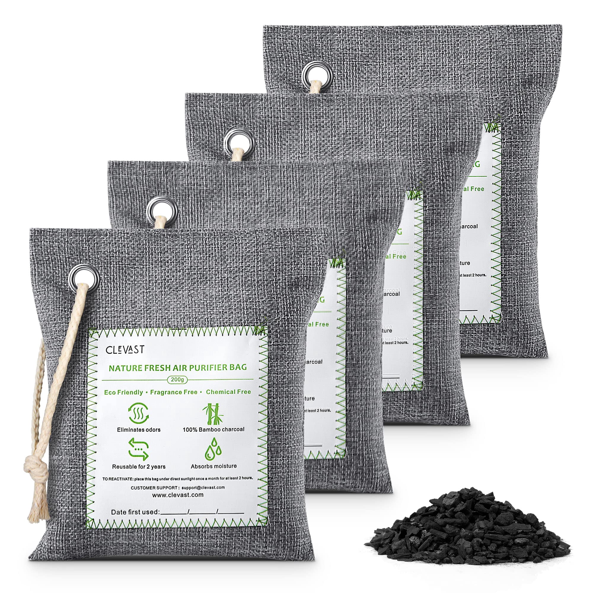 Bolsas Purificadoras De Aire De Carbón De Bambú Clevast, Grandes, 4 X 200 G