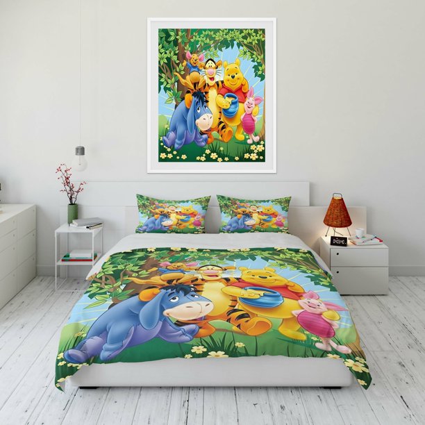 v2568 Bed Sheets Size Winnie The Pooh Printed Bedding Set Cartoon Anime Duvet Cover Comforter Cover Boys Girls Children Adults Twin King 3-Piece Bedding Set (1 Duvet Cover + 2 Pillow Shams) Bed Sheets