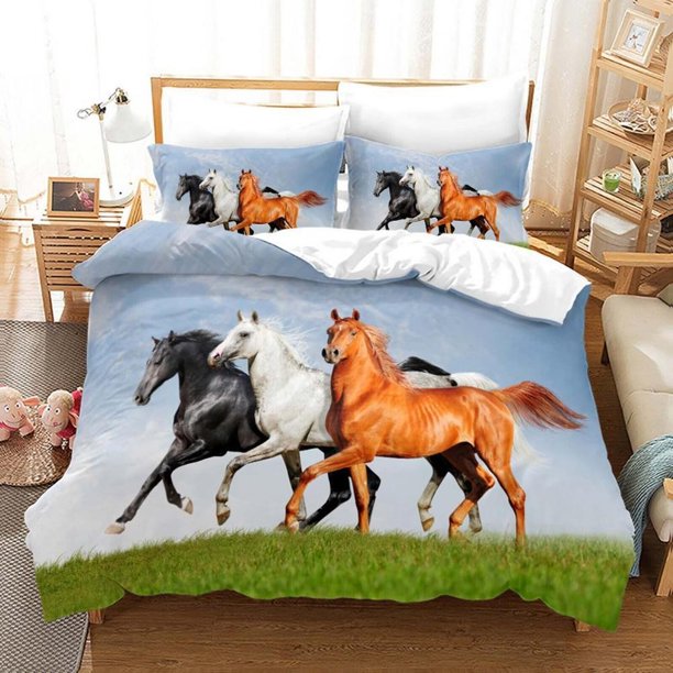 Running Horse Steed Animal Quilt Duvet Cover Set Pillowcase Bedspread3-Piece Bedding Set