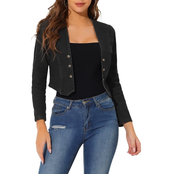 Chaqueta Recortada de Mezclilla INSPIRE CHIC para Mujer con Frente Abierto Sin Cuello Casual Bolero Shrug XL Negro