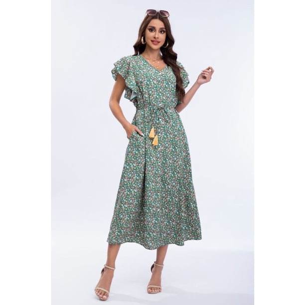 Vestido Largo Primavera Mujer Manga Corta Cuello V Calidad 271