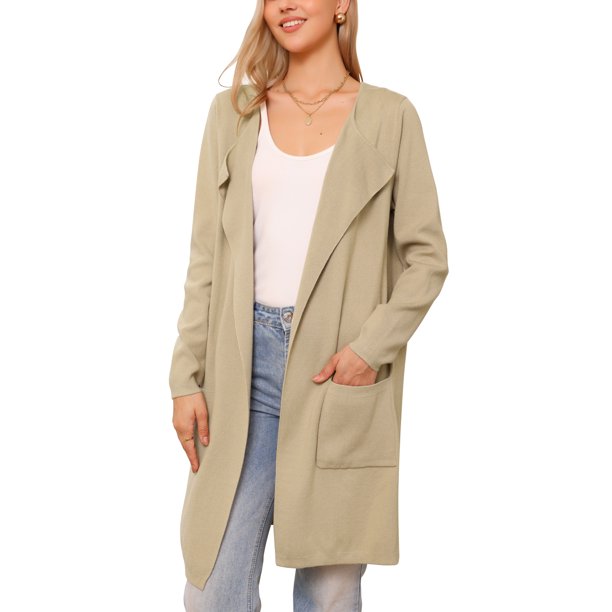 Cárdigan de suéter para mujer, abrigo de otoño, abierto al frente, manga larga, abrigo de punto medio largo, S caqui