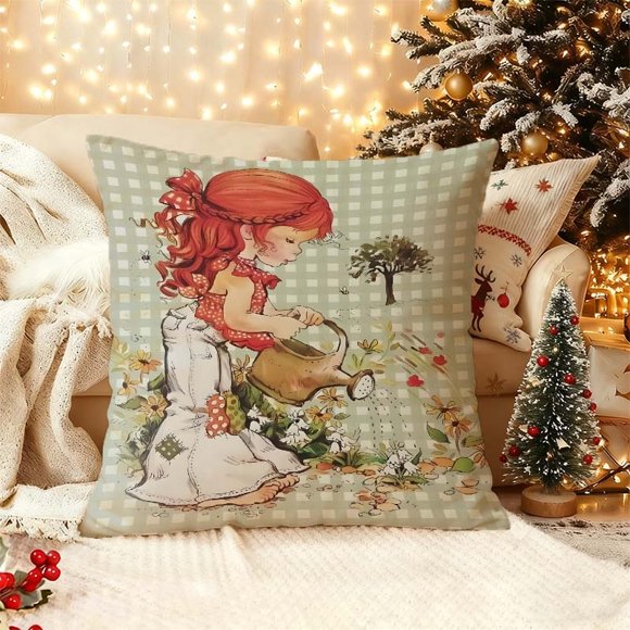 Hollyhobbie Redhead Watering Flowers Printed Pillowcase Modern Decorative Cushion Cover Suitable for Sofa Living Room Outdoor Use Bedroom Decorative Pillow Cove