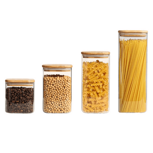 Wakeshome - Set 4 Tarros De Almacenamiento Recipientes De Vidrio Tapa De Bambú