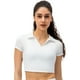 thumbnail image 1 of Camiseta polo de punto con cuello en V para mujer, cintura alta, manga corta, top corto, blanco, 1 of 7