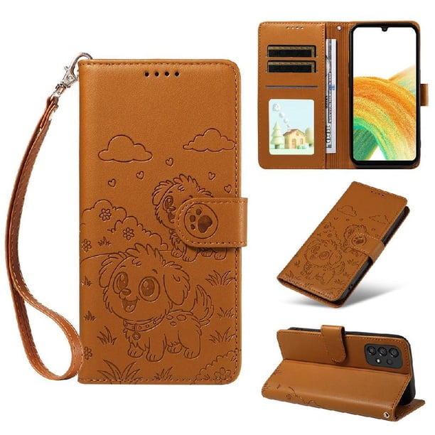 Funda Cartera para Samsung Galaxy A33 5G Perro Cachorro Grabado con Tarjetas Soporte Correa Marrón