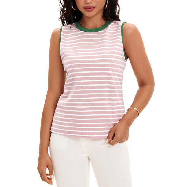 ATHLECHIC Camiseta sin mangas para mujer de regreso a clases con bloques de color a rayas, aberturas laterales, cuello redondo, verano, sin mangas, rosa verde XL