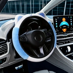 Veat00L - Funda Para Volante De Coche, Mullida Y Suave Felpa Para Invierno Cálido, Bonito Protector De Volante Con Orejas De Gato Gatito, Universal De 15 Pulgadas, Elástico Y Antideslizante
