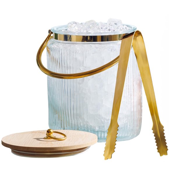 Cubeta de Hielo Le'raze de Vidrio Estriado 3L con Tapa Hermética y Pinzas para Hielo