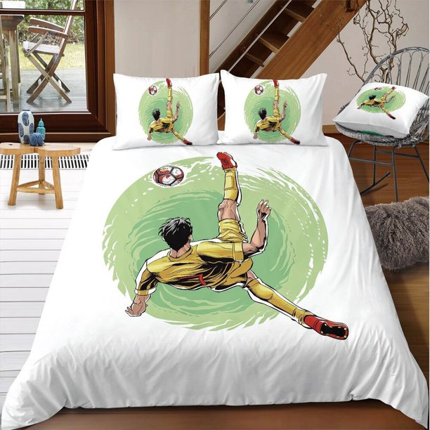 v1668 Bed Sheets Football Duvet Cover Set Soccer Goal Soft Bedding Set Polyester Sports Competitive Theme /Pcs Full Queen King Size Quilt Cover 3-Piece Bedding Set (1 Duvet Cover + 2 Pillow Shams) Bed