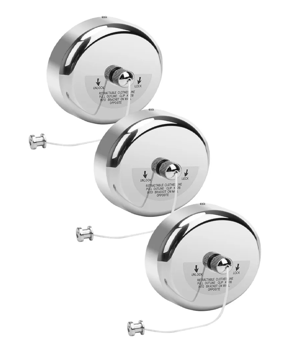 Eoland - Pack X3 Tendederos Ropa Retractil Colgador Extensible Pared Plateado
