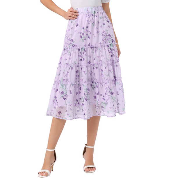 INSPIRE CHIC Falda Floral de Mujer con Volantes en Capas de Chifón A-Line Maxi Falda Floral Púrpura XS