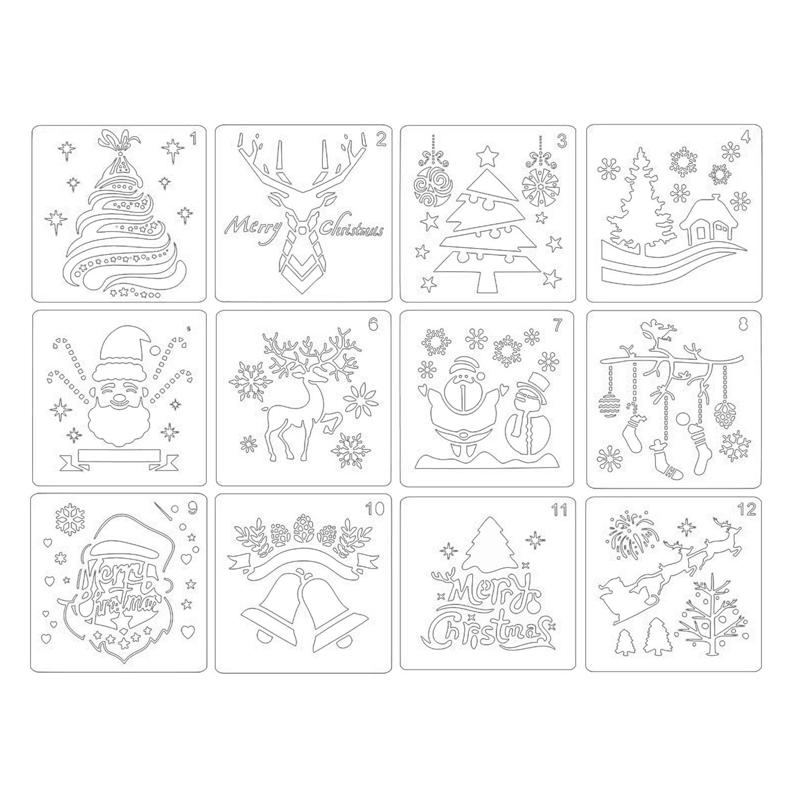 Magideal - 12 Plantillas De Pintura De Plantillas De Navidad, Plantilla De Dibujo Reutilizable Para Arte, Bricolaje, Dibujo, Rebanada, Tarjeta De Regalo, Ventana
