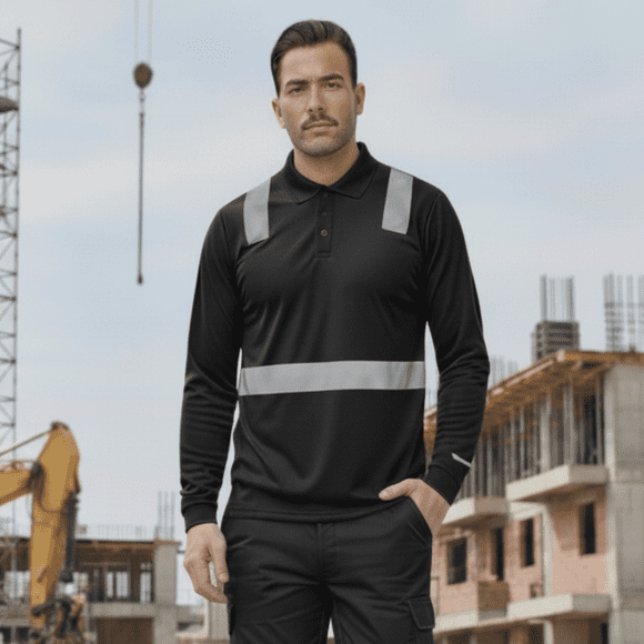 Polera Polo Manga Larga Reflectante Híbrida Cuello Piqué Negro