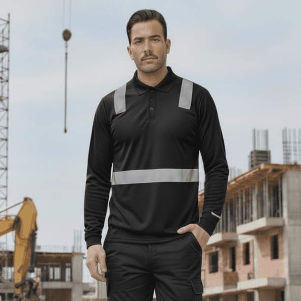 Polera Polo Manga Larga Reflectante Híbrida Cuello Piqué Negro