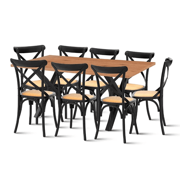 Klik Muebles - Comedor Mesa Color Madera Y Metal Cross 180x90 + 8 Sillas Crossback Madera Rattan Negra