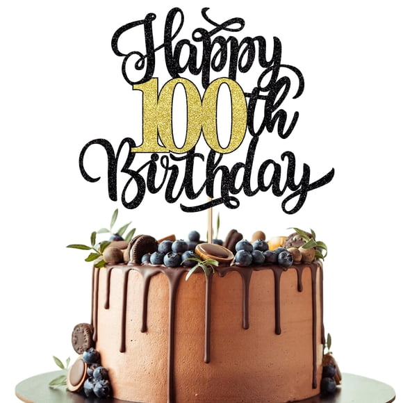 Decoración para tartas Leetaivie Happy 100th Birthday con purpurina negra y dorada