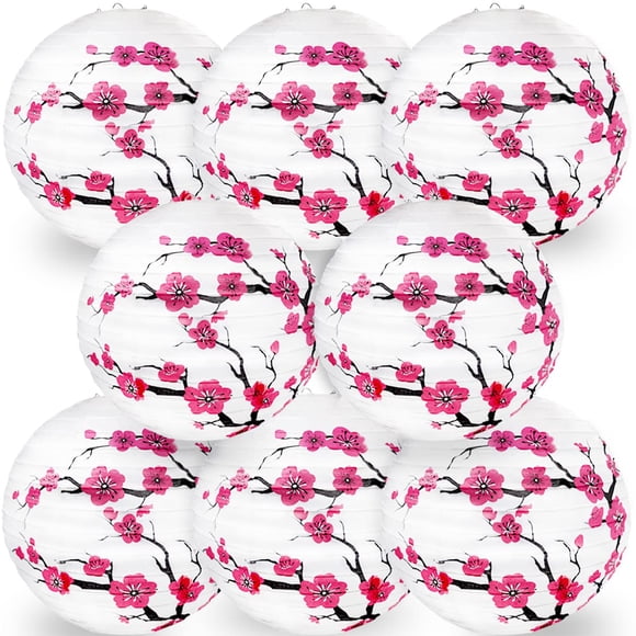 Pantalla De Lámpara De Papel Tipo Farol 8 Piezas Con Diseño De Flor De Cerezo Chino Y Japonés
