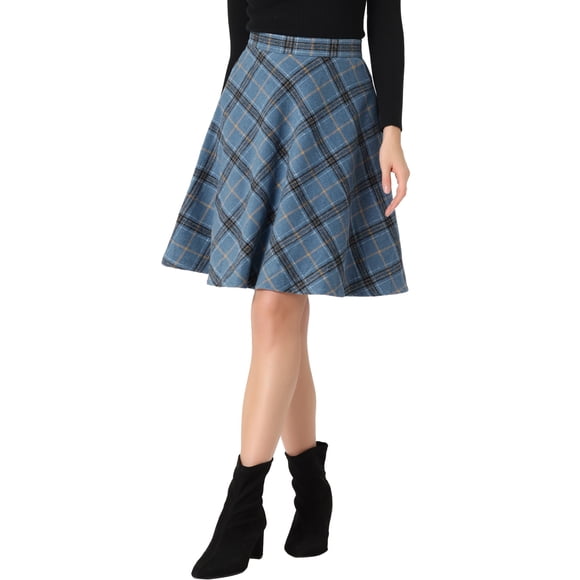 Falda corta de línea A con cintura elástica y diseño clásico de cuadros vintage para mujer, ideal para otoño e invierno, gris azul S
