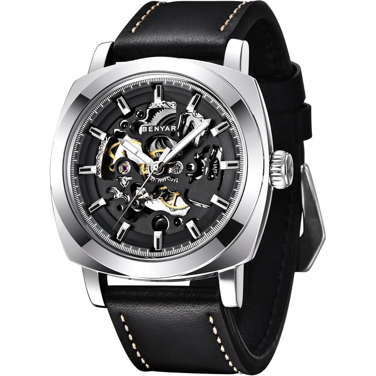 Reloj Automático Benyar Skeleton By5121 Correa Cuero 30m