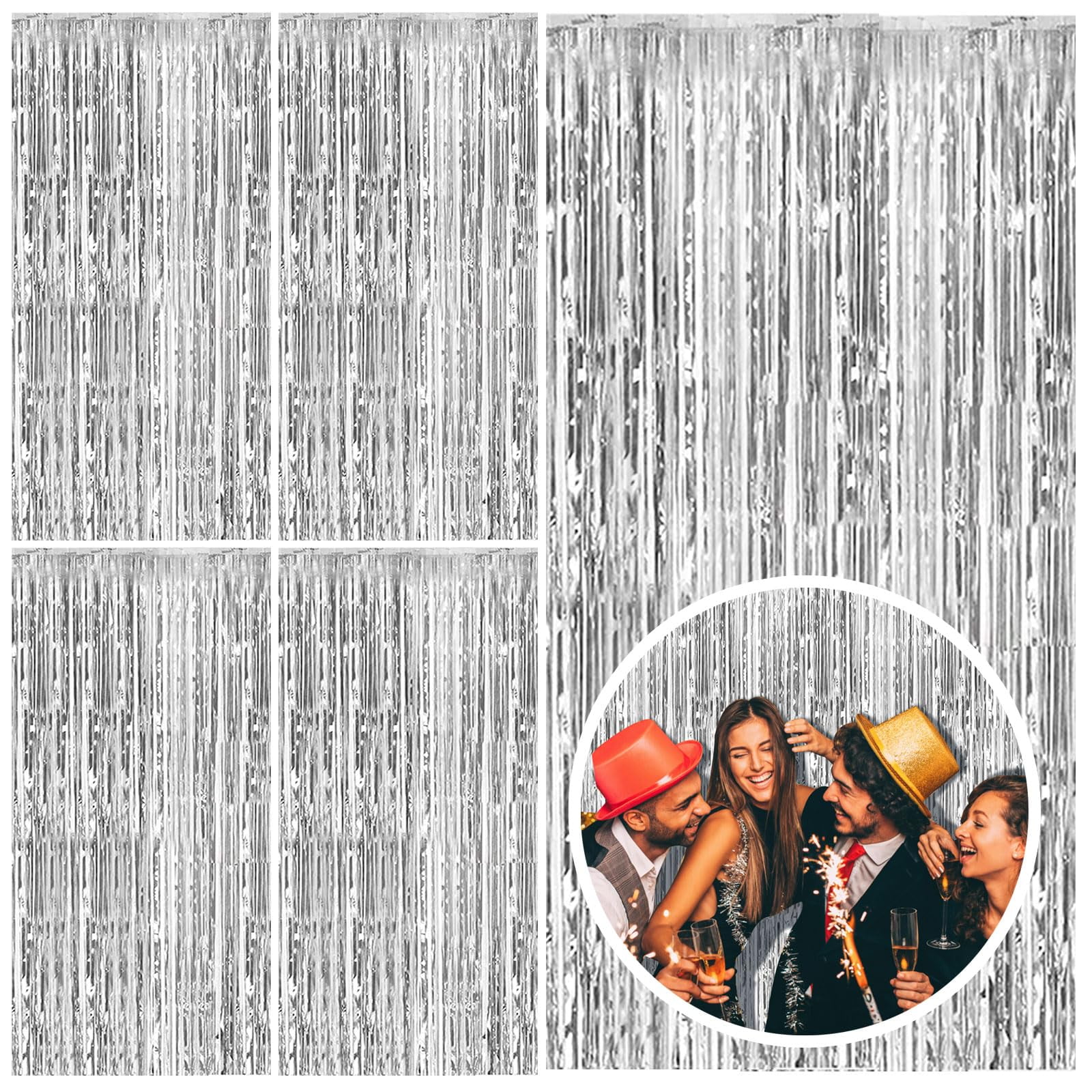 Xusx111 - 5 Paquete Cortina De Lámina Fondo De Plata Tinsel Lámina Cortinas De Franja Photo Booth Props Para Cumpleaños Boda Compromiso Bebé Ducha Soltera Navidad Fiesta Celebración Decoraciones De Fi
