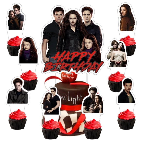 25 piezas de decoraciones para pastel de La Saga del Crepúsculo con 1 topper para pastel y 24 toppers para cupcakes para fiesta de cumpleaños de La Saga del Crepúsculo