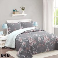 Genérico - Cubrecama Quilt Sherpa King - Gris Floral M948