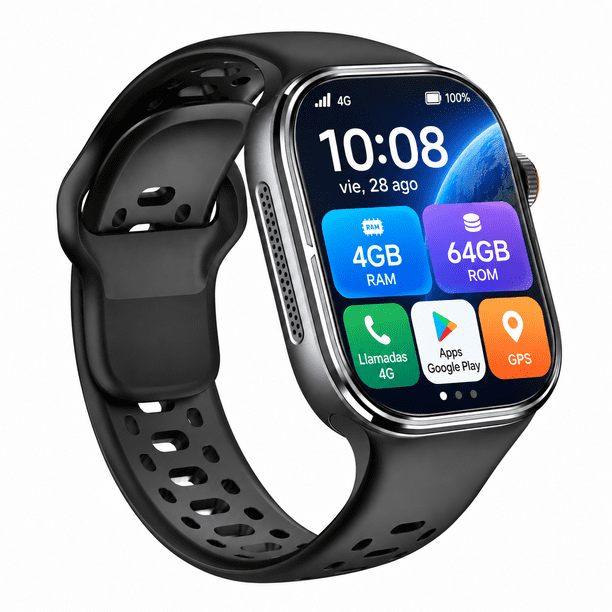 Reloj Inteligente Android 10 4G LTE con SIM Nano, Pantalla AMOLED 2.06", GPS, WiFi, Bluetooth, hasta 4GB RAM 64GB ROM y Batería 1000mAh