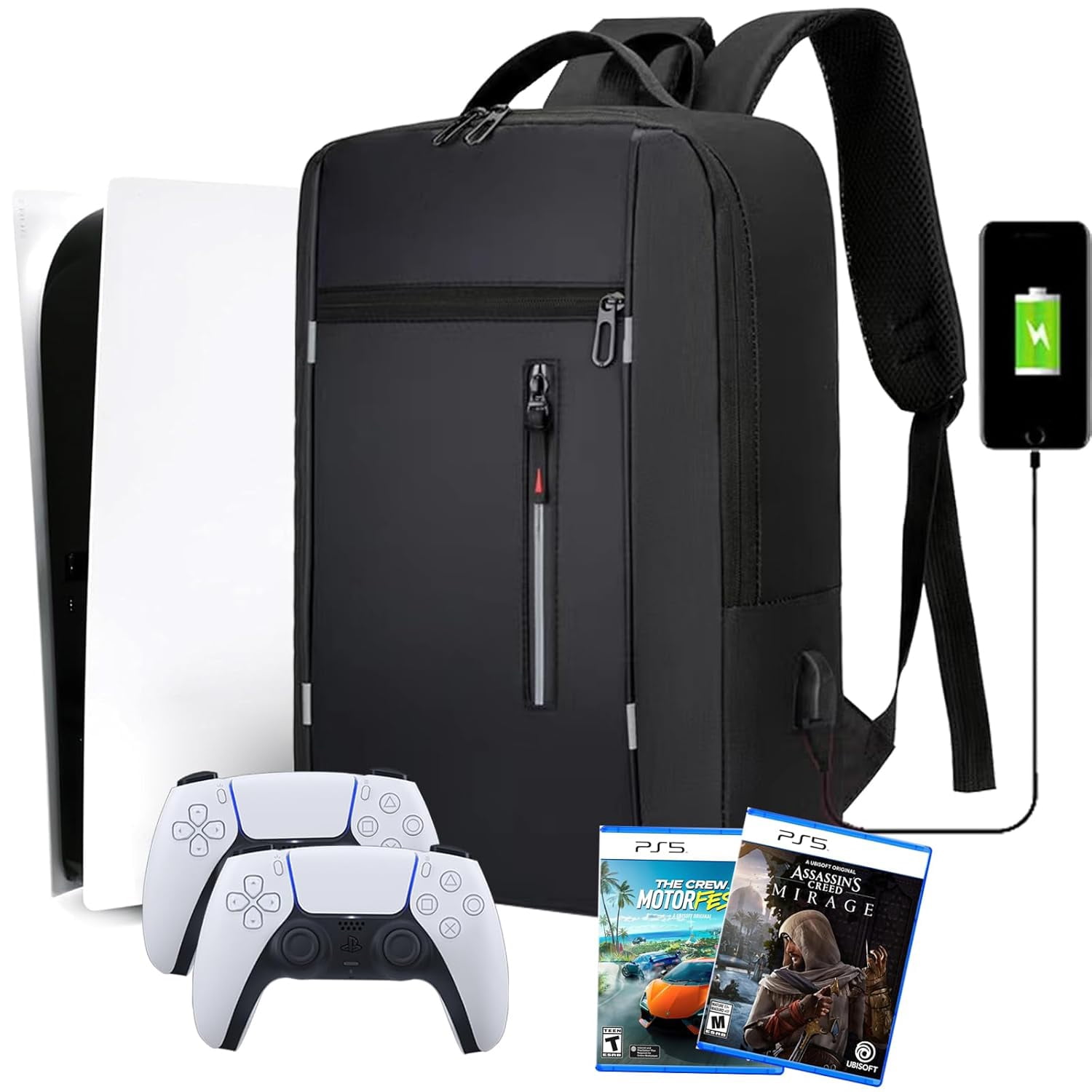 Genérico - Mochila Para Consola De Juegos Compatible Con La Consola Playstation 5, Funda Protectora De Viaje Para Ps5 Con Puerto Usb Para Auriculares, Discos De Juegos Y Accesorios-negro