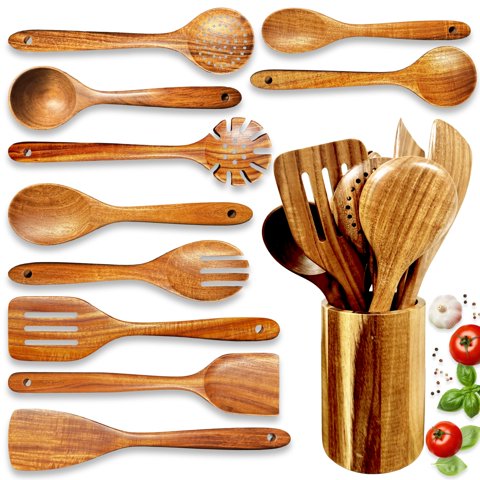 Juego De Utensilios De Madera Home Hero, 11 Unidades, Madera De Teca Natural