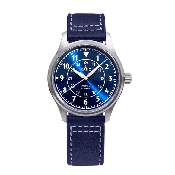 Reloj Ratio Skysurfer Pilot Automático con Esfera Azul Sunray y Correa de Cuero RTS309 200M para Hombre