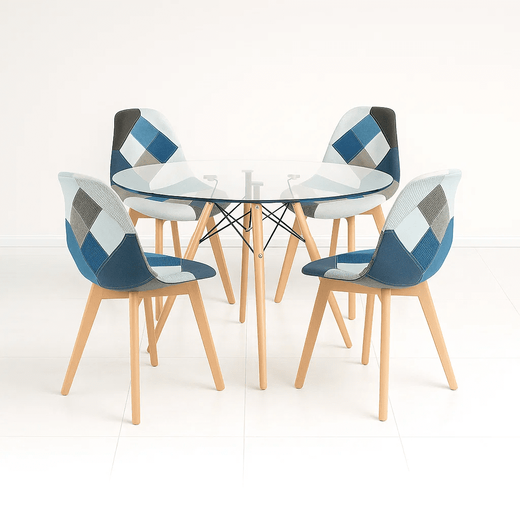 Klik Muebles - Comedor Mesa Eames Redonda Vidrio 100cm + 4 Sillas Eames Patchwork Tela Wood Celeste