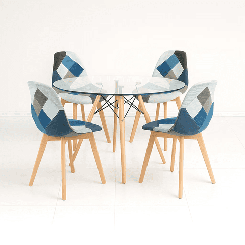 Klik Muebles - Comedor Mesa Eames Redonda Vidrio 100Cm + 4 Sillas Eames Patchwork Tela Wood Celeste