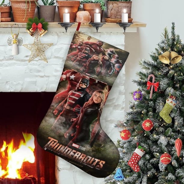 Thunderbolts Tema: Calcetines de Navidad, fino lino blanco para colgar en escaleras y chimenea, decoración navideña para el hogar, regalo de Navidad.54cm×38cm