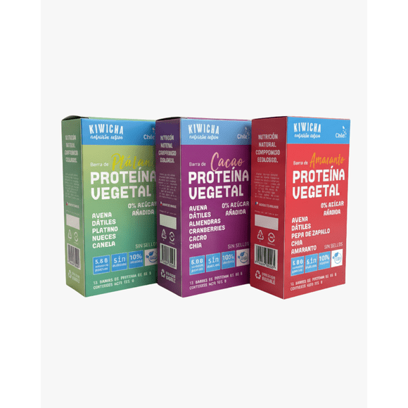 Pack 36 Barras proteína vegetal Amaranto. Plátano y Cacao