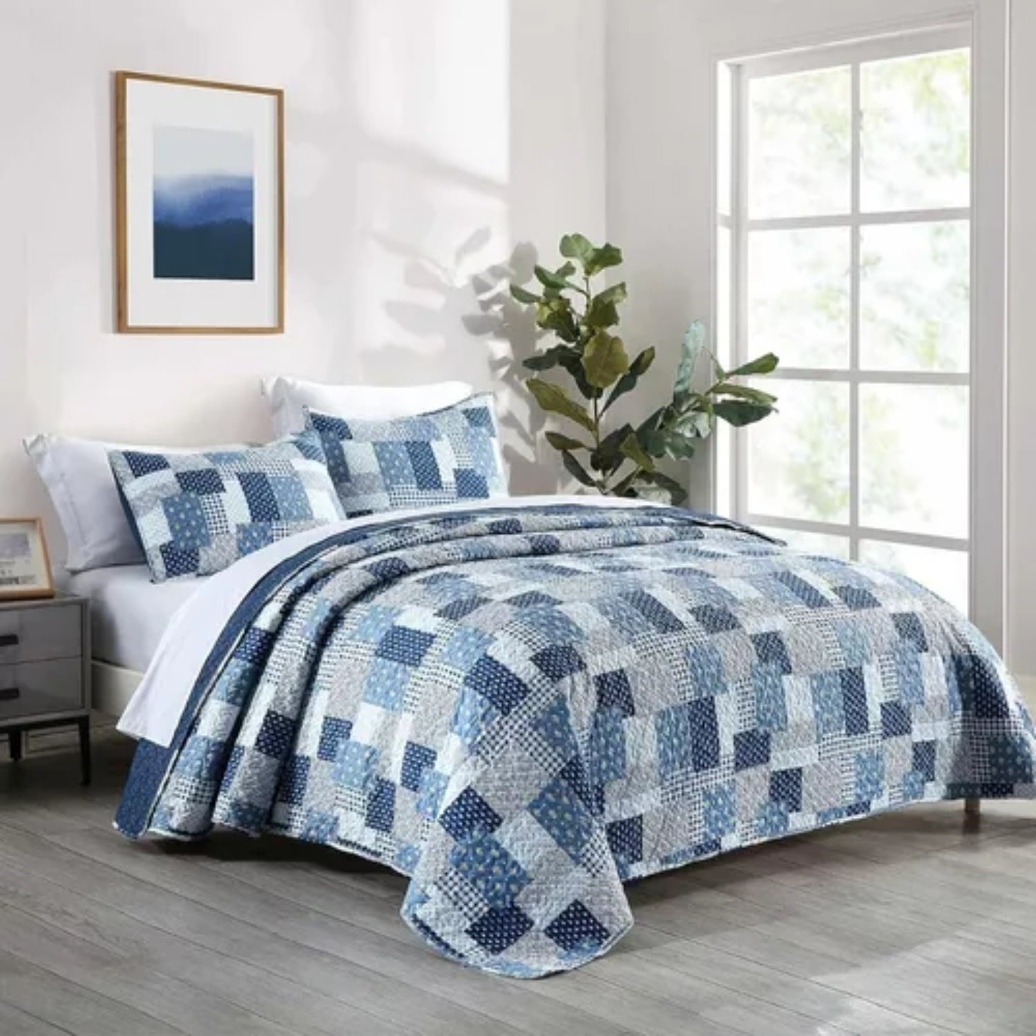 Importclick - Cubrecama Quilt Reversible Queen 228x228 Cm Más Fundas Almohada Azul Blanco