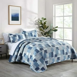 Importclick - Cubrecama Quilt Reversible Queen 228X228 Cm Más Fundas Almohada Azul Blanco