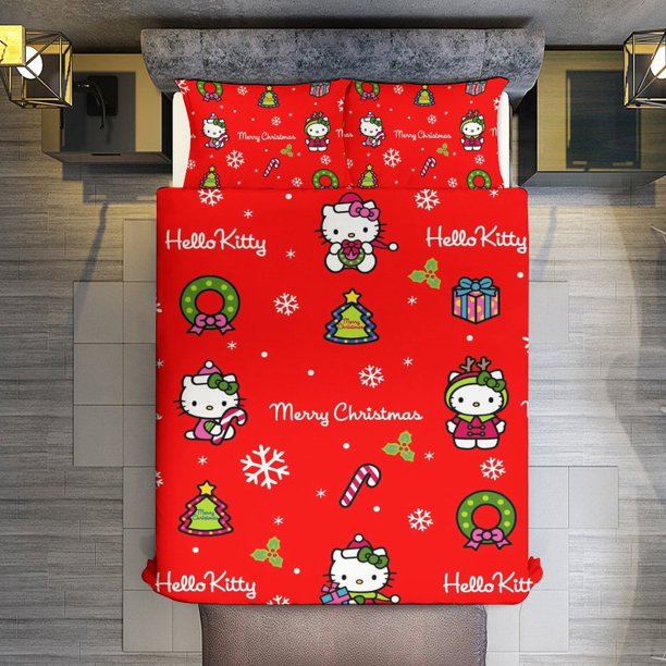 Merry Christmas Hello Kitty Snowflake 3 Pieces Duvet Cover Set Full Size Super Soft Fade Resistant Microfiber