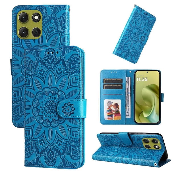 Funda tipo cartera FOXDOCK para Motorola Moto G86 , diseño girasol en relieve, cuero PU, cierre magnético, soporte y tarjetero