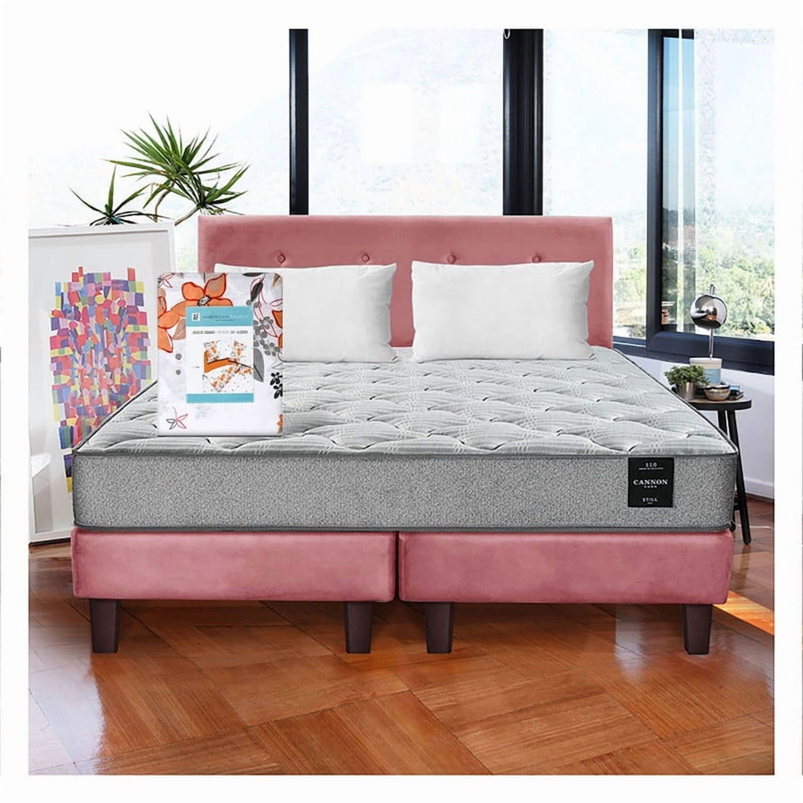 Cama Europea 2 Plazas Combo Cannon +2 Almohadas+sabanas+respaldo Tela Rosa