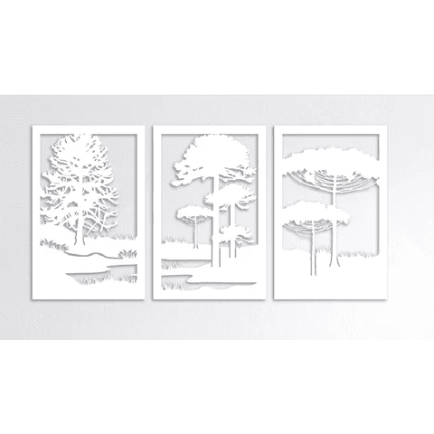 Genérico - Set De 3 Cuadros Paisaje Árboles Araucarias Blanco