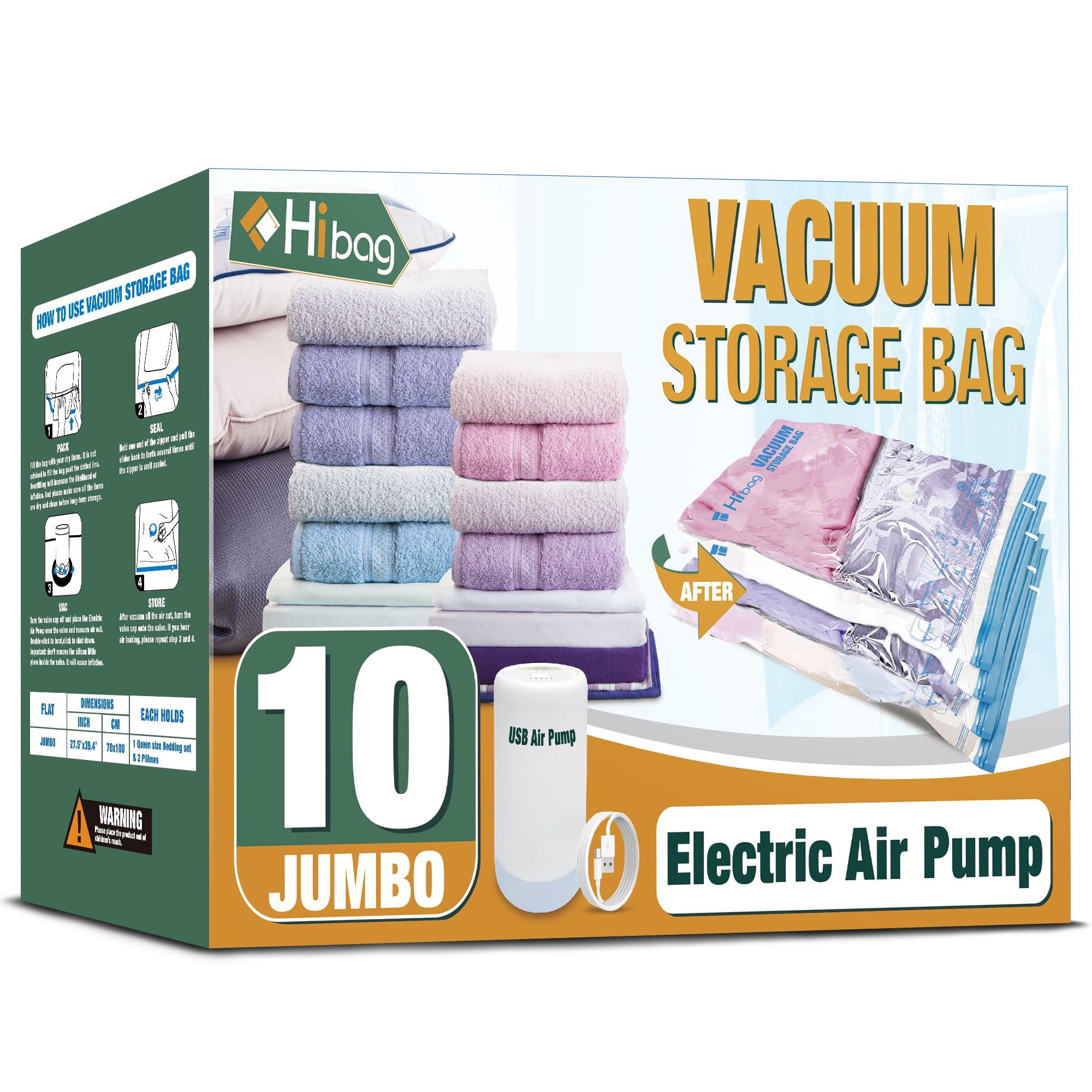 Bolsas De Almacenamiento Al Vacío Hibag Con Bomba Eléctrica, Paquete De 10