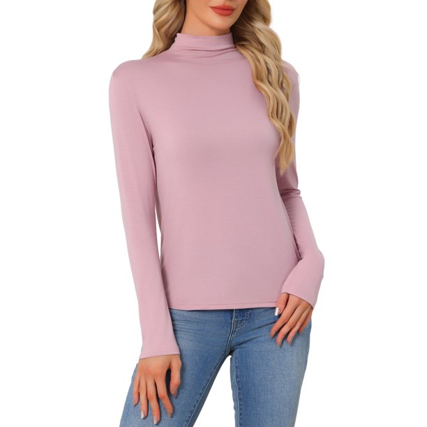 INSPIRE CHIC Camiseta de Cuello Alto de Manga Larga para Mujer, Camiseta Básica Ajustada de Viscosa Suave, Camiseta de Punto Elástica para Capas, Pequeña Rosa