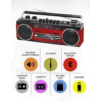 Riptunes Cassette Boombox, Retro Blueoth Boombox, Reproductor Y Grabadora De Cassette, Am/ Fm/ Sw-1-Sw2 Radio-4 Band Radio, Usb Y Sd, Rojo