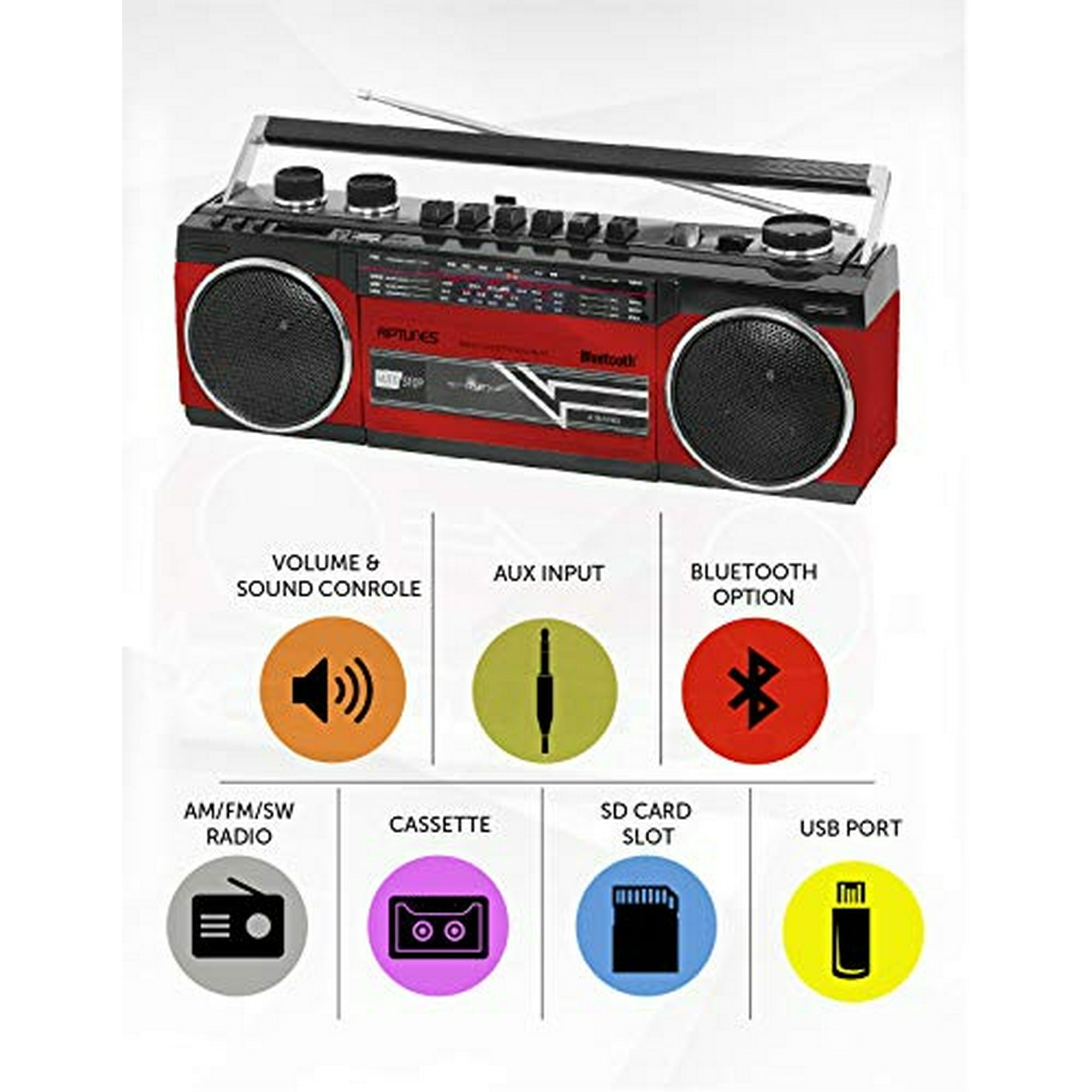 Riptunes Cassette Boombox, Retro Blueoth Boombox, Reproductor Y Grabadora De Cassette, Am/ Fm/ Sw-1-sw2 Radio-4 Band Radio, Usb Y Sd, Rojo