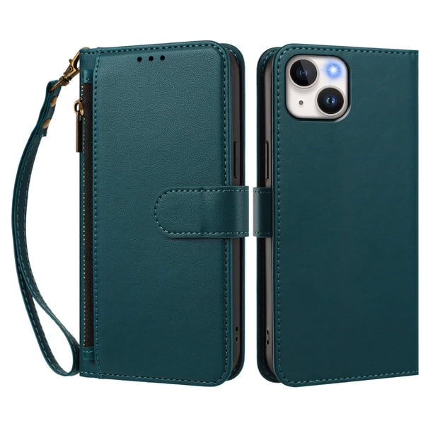 Funda Tipo Billetera para iphone15 con Soporte y Bolsillo con Cierre Verde